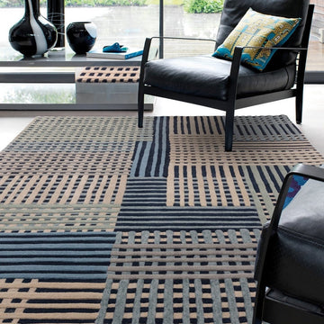 Aspect Modern Geometric Basketweave Hand-Woven High-Density Heavyweight Space-Dyed Textured Hi-Low Wool Blue/Multicolour Rug-Asiatic Carpets-Rug Love - The Most Loved Rug Store
